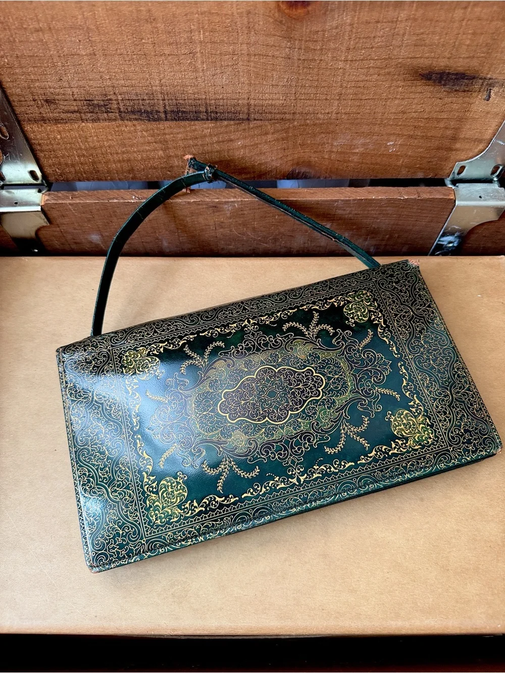 Vintage mid-century Florentine green & gold leather embossed bag w mirror